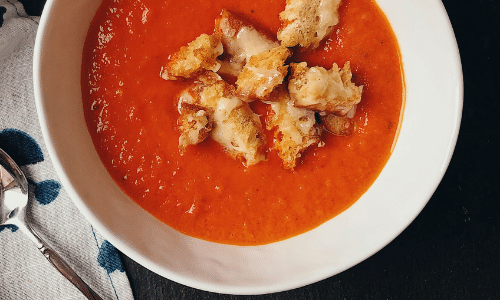 Roasted Red Pepper and Tomato Soup with Cheesy Croutons