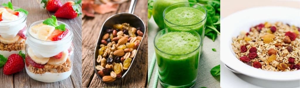 Ways to Eat High Fiber Cereal- parfait, trail mix, smoothie, and in a bowl