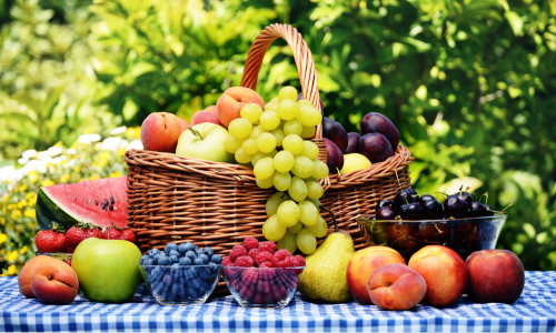 fruits on a picnic table.